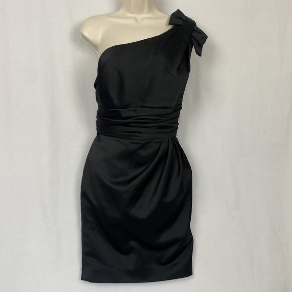 Davids Bridal Dress Women 14 Black Satin One Shoulder Bow Ruched Party LBD 84333 - Picture 1 of 13
